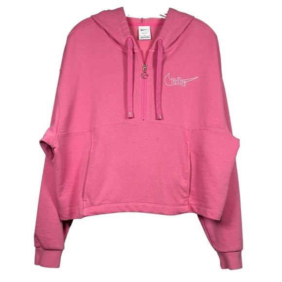 Nike Tops - NIKE Dri Fit Women's 1/2 Zip Cropped Hoodie, Oversized Pink, Embroidered, Size L